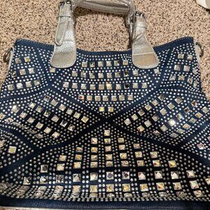 Rhinestone-studded denim shoulder bag